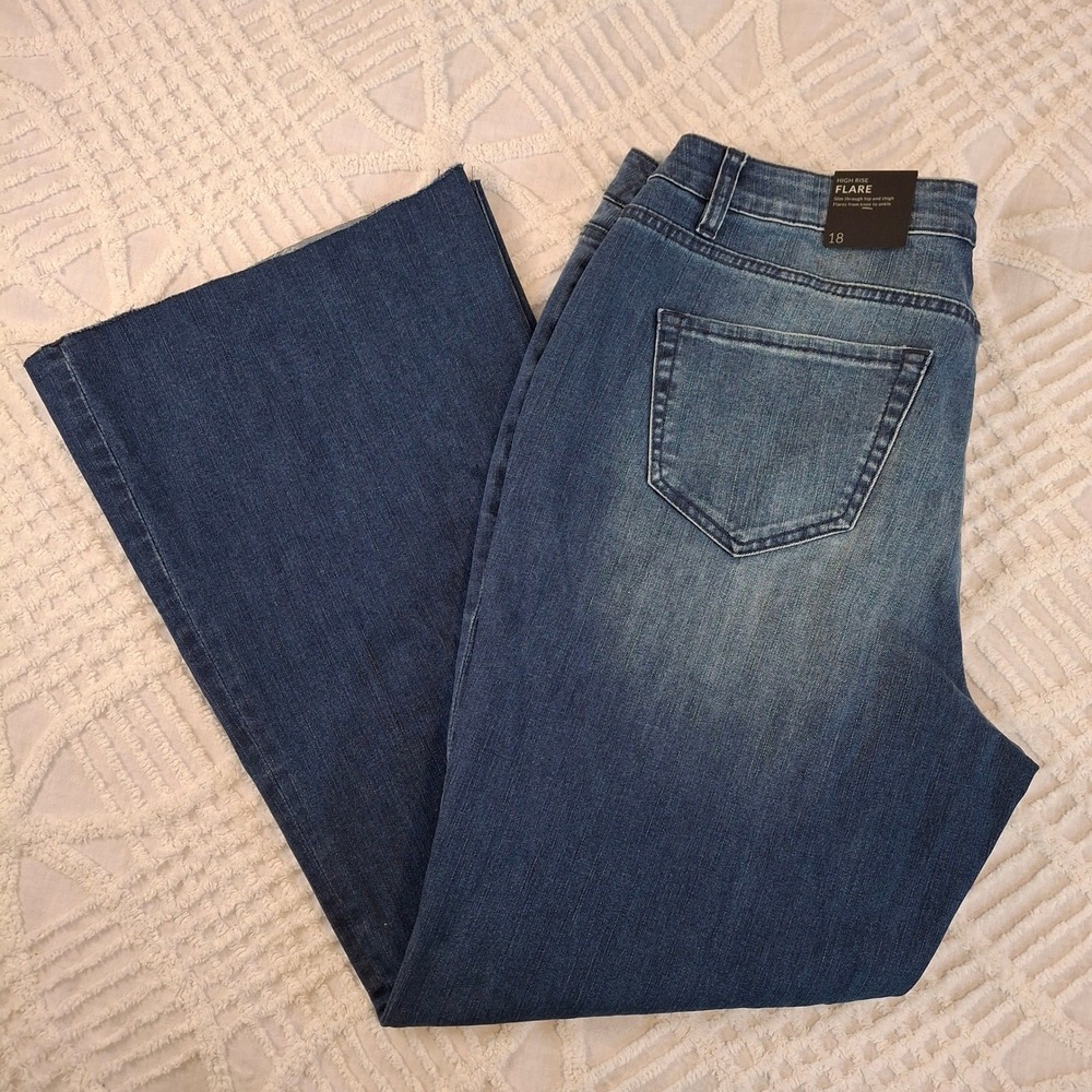 Lane Bryant High Rise Flare Jeans Womens 18 Blue Exposed Button Fly Raw Hem NWT - Picture 2 of 9